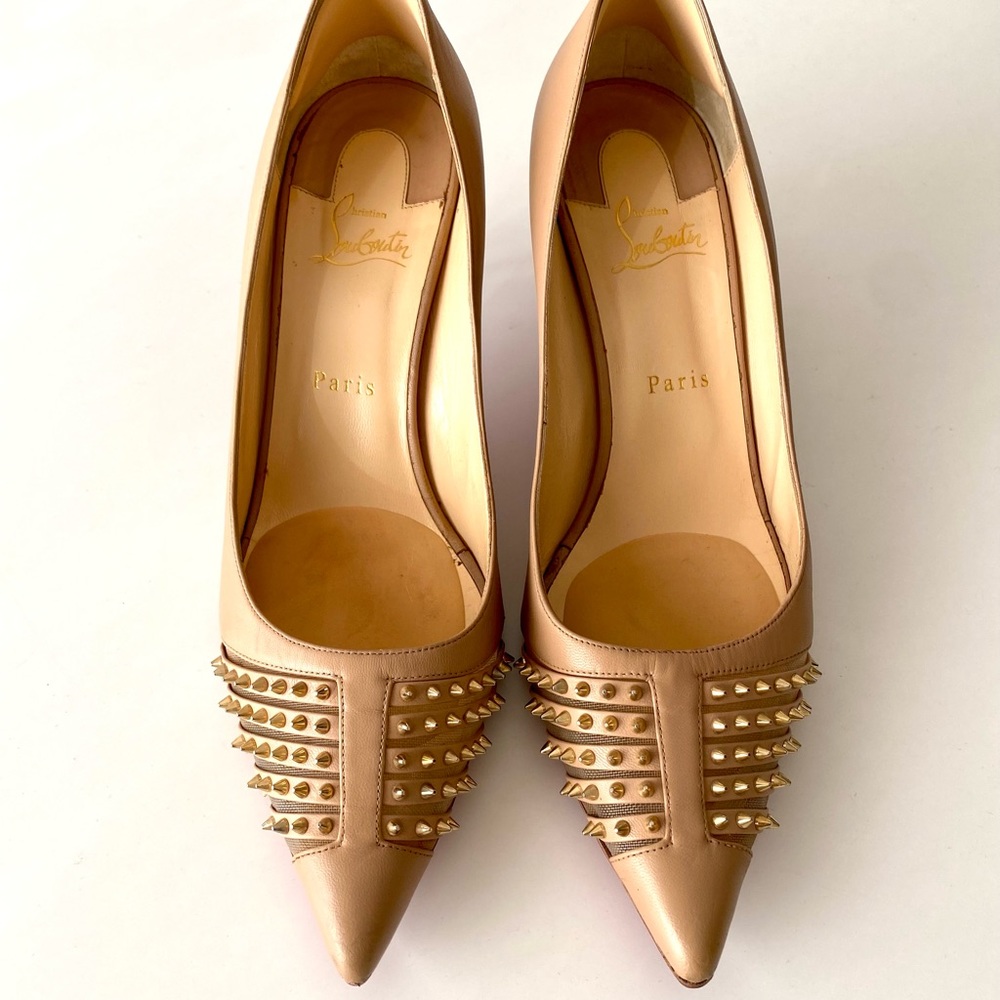 Christian Louboutin Barretta Spike Mesh Pumps - Tan red bottoms heels
